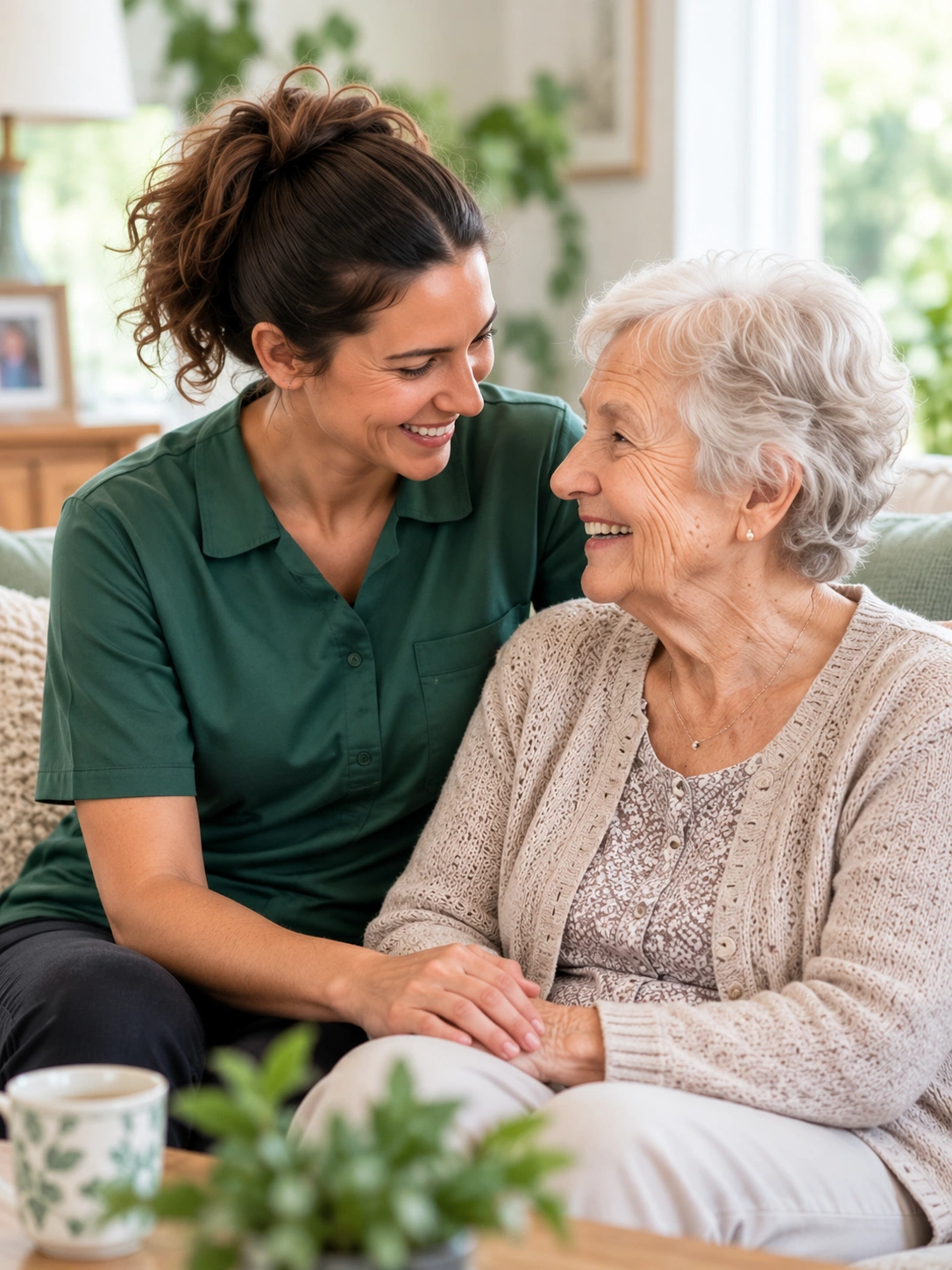 A support worker and an older woman sharing a warm conversation at home
