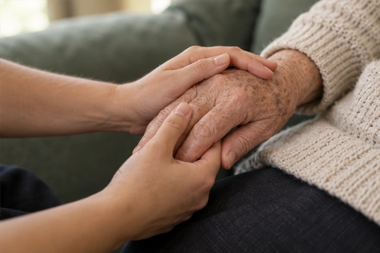 Hands held in a reassuring gesture