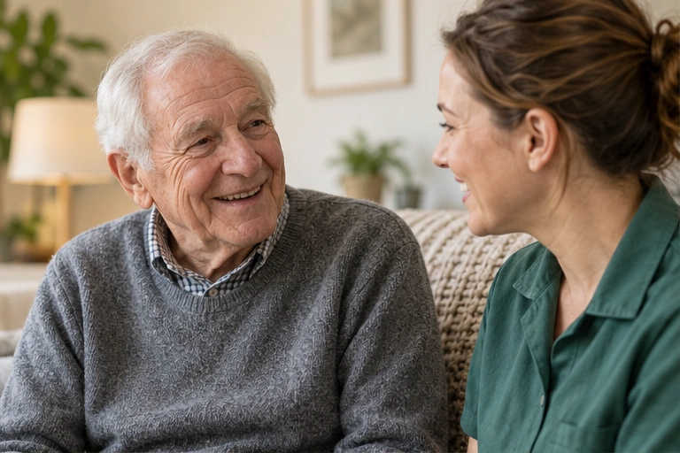 Support worker talking with an older man
