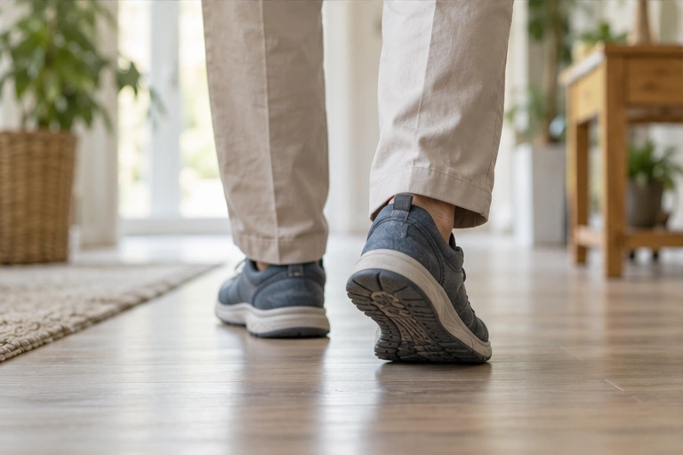 A person walking carefully in supportive shoes