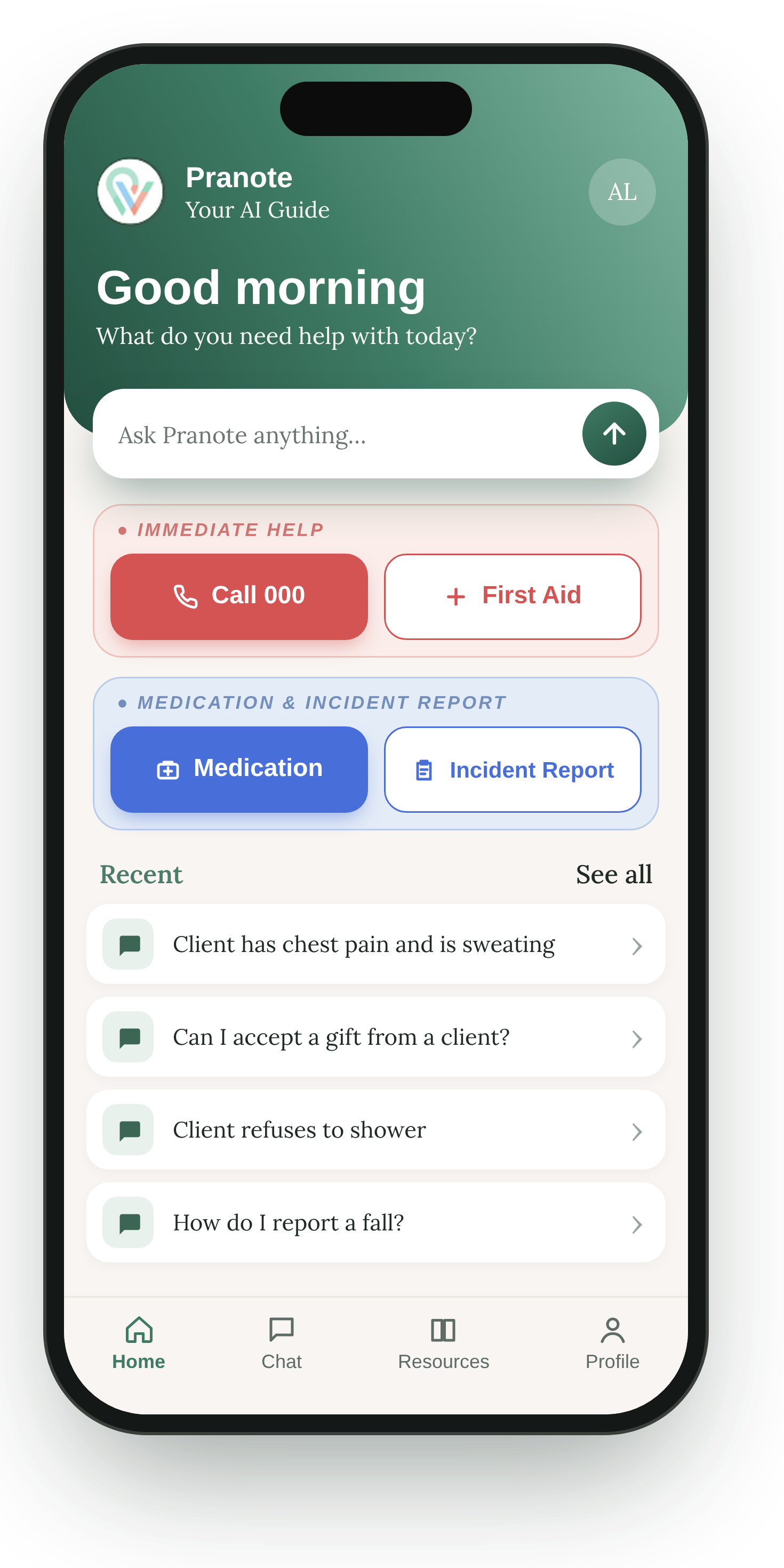 Pranote app showing quick access to questions, first aid, medication and incident reporting
